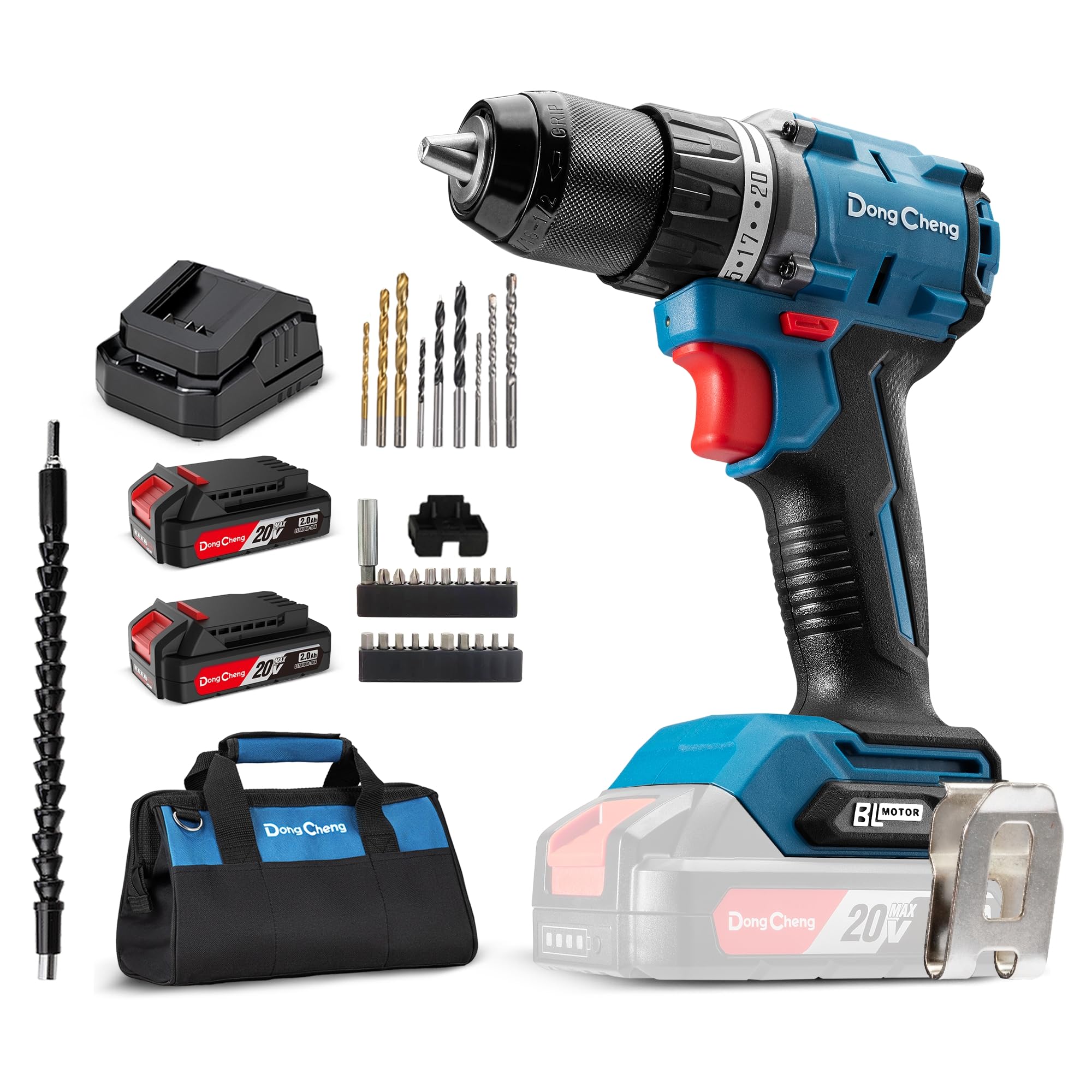Dong Cheng 20V Brushless Heavy-duty Impact Drill, 531in-lbs, 1/2" Keyless Metal Chuck, 20+1+1 Clutch, Cordless Hammer Drill with 2 * 2.0Ah Battery Ki