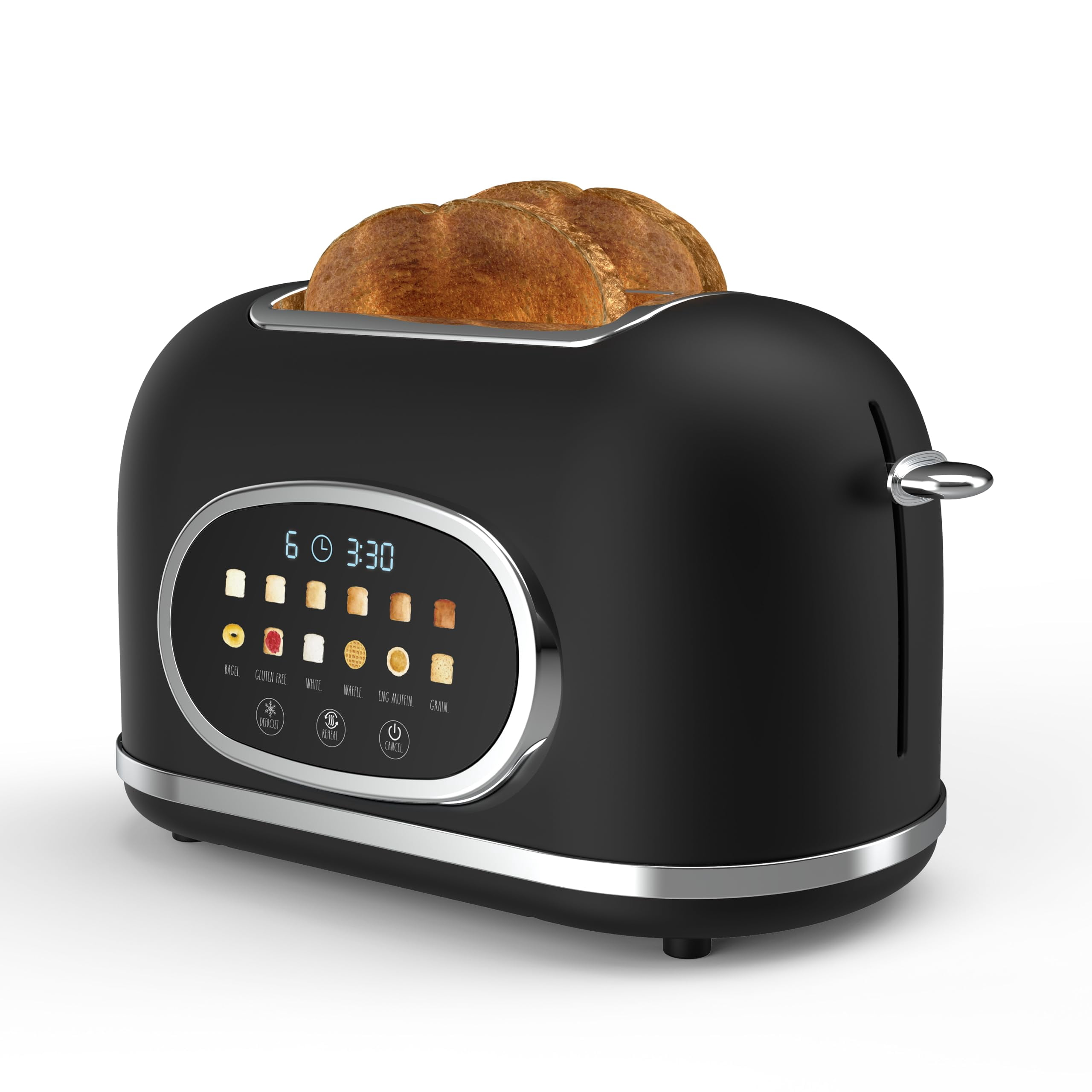 Rae Dunn Retro Digital Electric Toaster, 2 Slice Stainless Steel Toaster With Touchscreen, Countdown Timer, 6 Shade Settings, Wide Slots, High Lift Lever, Bagel, Defrost