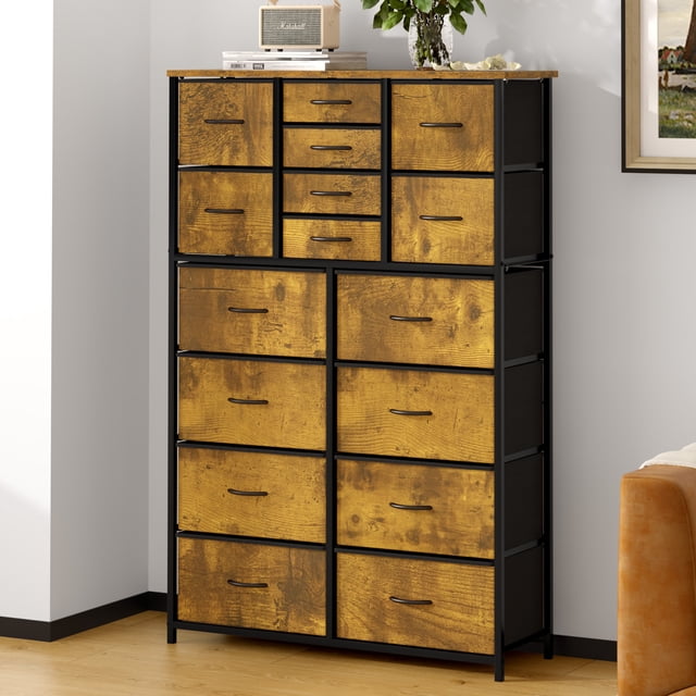 Soges Commode à 16 Tiroirs pour Chambre, Haute Commode, Tour d'Organisation de Rangement en Tissu, Armoire, Brun Rustique