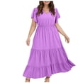 thumbnail image 1 of Bigersell Robes de Vacances pour Femmes Liquidation Femme Col en V Manches Courtes Midi Robe Soleil Style de Robe D-55 Chemises de Robe pour Dames Grande Taille Robes d'Été, Violet 4TG, 1 of 7