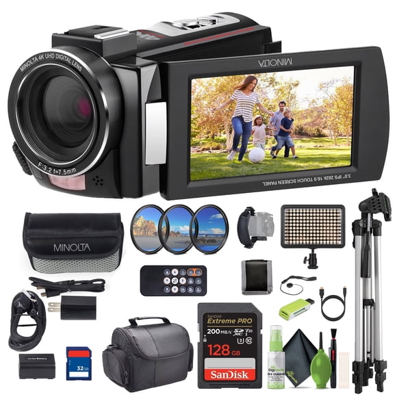 Minolta MN4K25NV 4K Ultra HD 30 Mega Pixels Night Digital Vision Video Camcorder (Black) Bundle With  128GB Memory Card + Camera Tripod + LED light + More Accessories