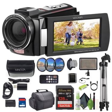 Minolta MN4K25NV 4K Ultra HD 30 Mégapixels Vision Nocturne Numérique Caméscope Vidéo (Noir) Ensemble avec Carte Mémoire 128 Go + Trépied pour Appareil Photo + Lumière DEL + Plus d'Accessoires