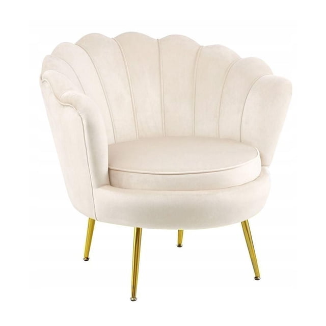 Heavenly Collection Glam Lounge Chair with scalloped shell backrest and channel tufting, upholstered in cream velvet, featuring a round plush seat cushion and four shiny gold metal legs, suitable as elegant accent seating in living rooms.