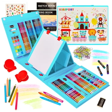 KINSPORY Ensemble de Dessin 290 Pcs, Chevalet d'Art à Trois Volets Double Face, Cadeau pour Artistes Débutants Enfants (Bleu)