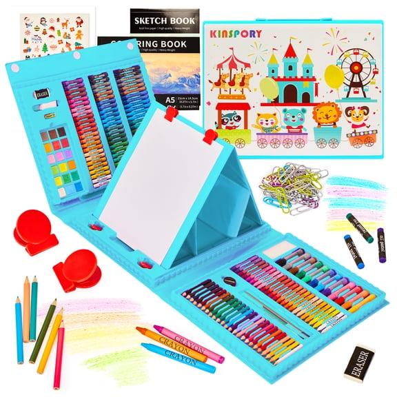 KINSPORY Ensemble de Dessin 290 Pcs, Chevalet d'Art à Trois Volets Double Face, Cadeau pour Artistes Débutants Enfants (Bleu)