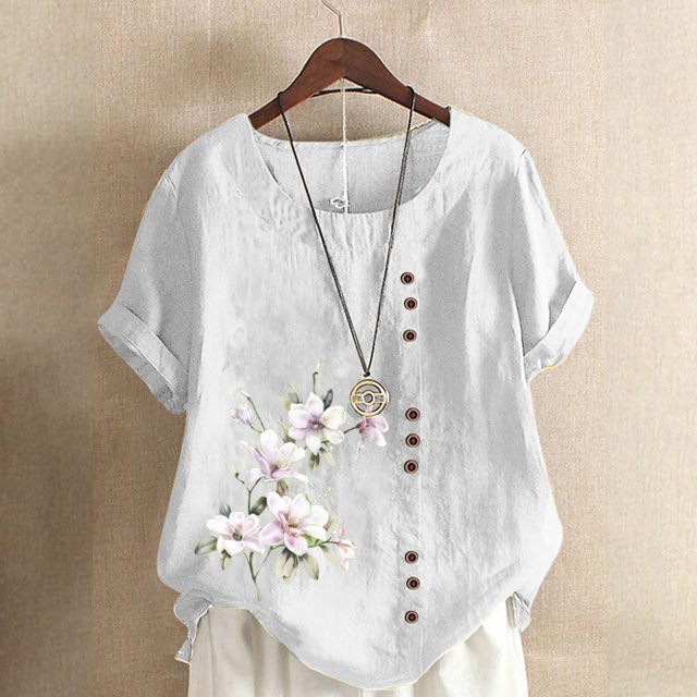 Birdeem Womens Summer Casual Round Neck Short Sleeve Flower Printing Loose Shirt Tops