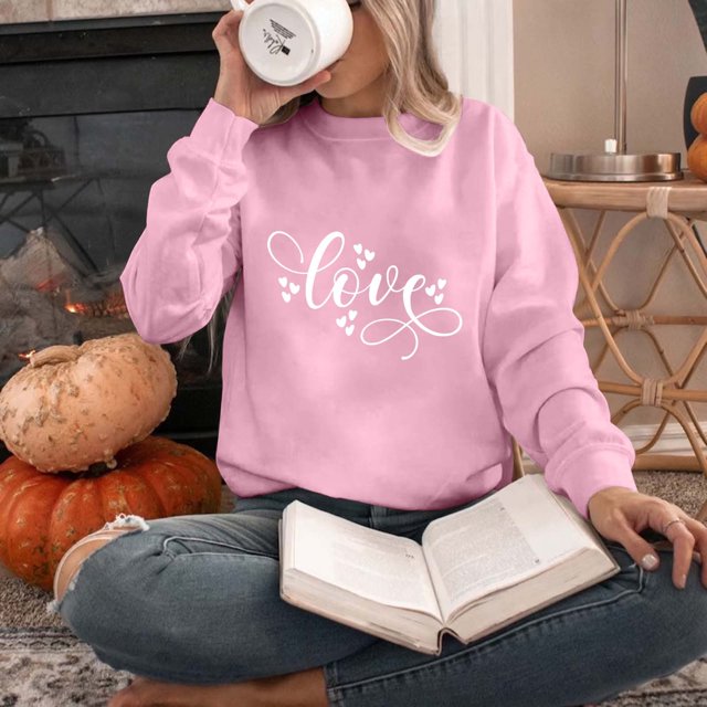 Qertyioot T-Shirt Graphique pour Femmes de la Saint-Valentin à Manches Longues, Chandail d Haut Imprimé à Col Rond à la Mode