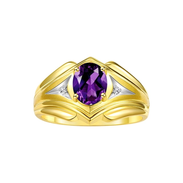 RYLOS Men's Rings Yellow Gold Plated Silver Rings Classic Designer Style 9X7MM Gemstone & Diamond Ring Amethyst February Birthstone Rings For Men Size 10