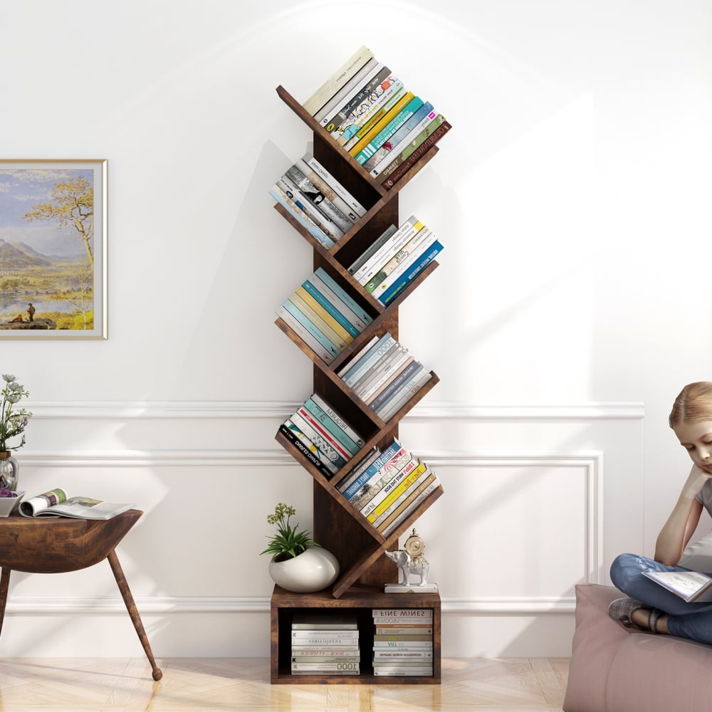 Ourlova Tree Bookshelf with Storage, 8 Tier Wooden Tall Book Shelf, Floor Standing Bookcase for Kids and Adults, Utility Organizer Shelves