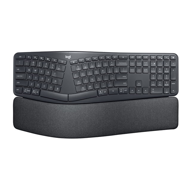 Logitech ERGO K860 Wireless Ergonomic Keyboard in graphite with a curved, split keyframe to reduce wrist strain, featuring Perfect Stroke keys, integrated numpad, and a pillowed wrist rest with memory foam for enhanced ergonomic support.