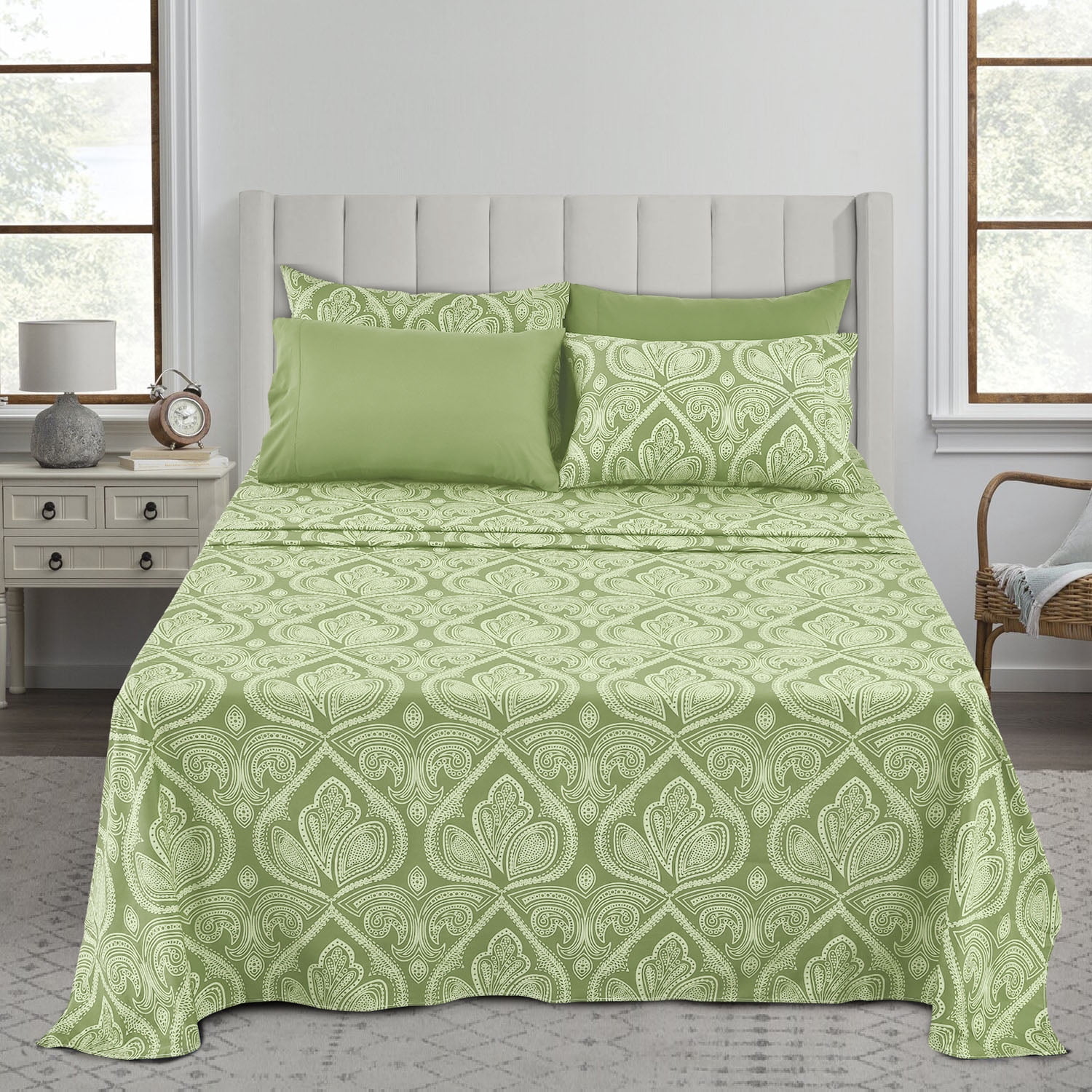 Lux Decor Collection 16 Inches Deep Pocket Bedding Sheets & Pillowcases (Queen, Paisley Sage)