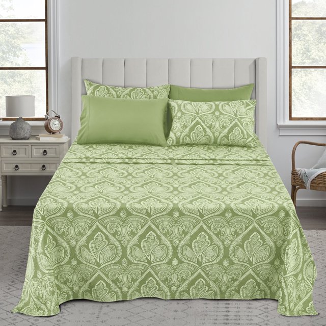 Lux Decor Collection 16 Inches Deep Pocket Bedding Sheets & Pillowcases (Queen, Paisley Sage)