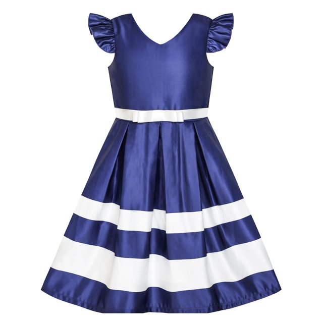 Robe Fille Bleu Marine Col en V Ruban Contraste de Couleur 7 Ans