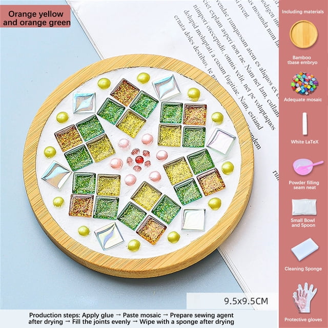 RKSTN Kitchen Utensils Set Kitchen Essentials Crafts Mosaicss Tile Set Wooden Cup Mats Mixed Color Mosaicss Set Crafts Pack 6ml. A circular wooden base featuring vibrant mosaic tiles in green, yellow, and orange hues arranged in a geometric pattern. Includes crafting materials such as white latex glue, a small bowl and spoon, sealant, sponge, and gloves. Perfect for DIY mosaic projects, early childhood education, and gifting occasions.