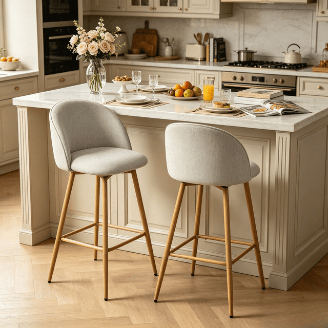 Homy Casa 2-Piece Counter Height Bar Stools, Upholstered Swivel Kitchen Island, Beige