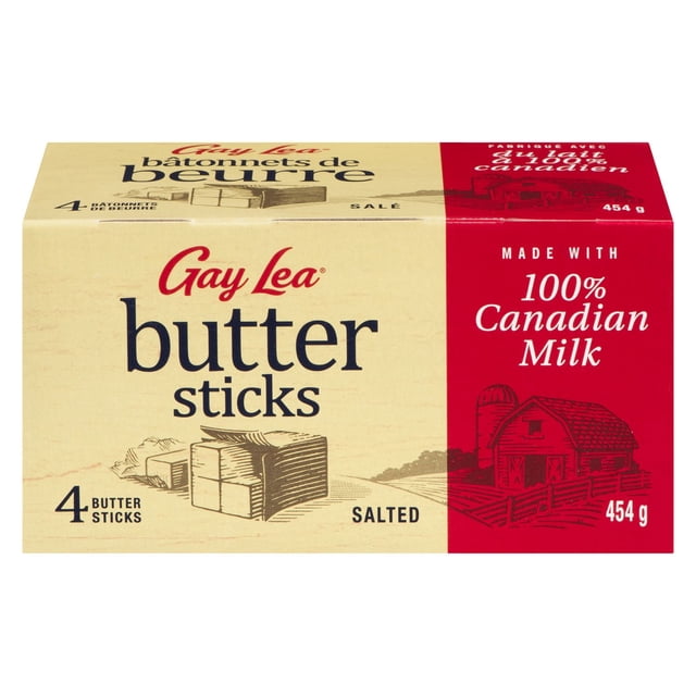 Gay Lea Salted Butter Convenient Sticks box containing 4 salted butter sticks made with 100% Canadian milk, weighing 454 g, in beige and red packaging with illustrations of butter sticks and a barn, suitable for cooking, baking, frying, or spreading.