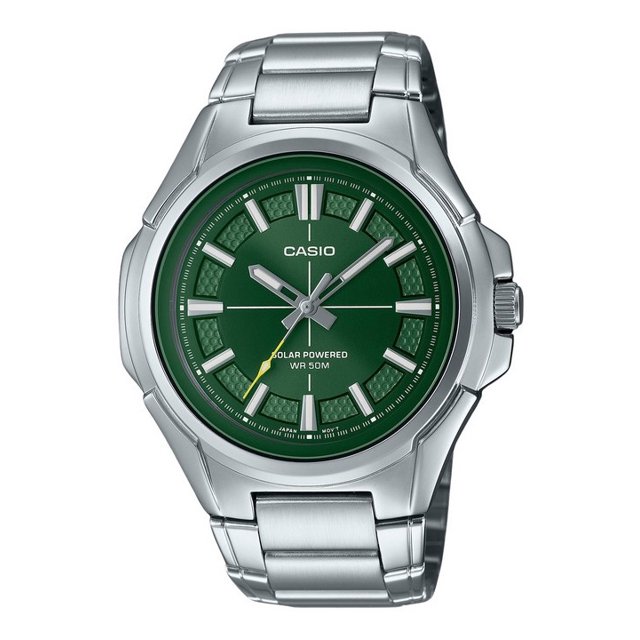 Casio Standard Montre pour Homme Analogique en Acier Inoxydable, Cadran Vert, Solaire MTP-RS100D-3AV