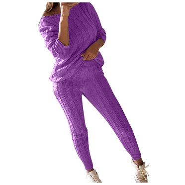 TJAZFJPA Pantalons pour Femmes Costumes Petites Femmes Dames Col Rond Uni Tricoté Chaud Ensemble de Détente 2 Pcs Survêtements Ensemble 2 Pcs Col Rond Tenues Athlétiques pour Femmes
