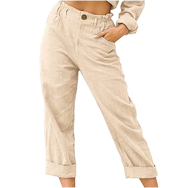 RKSTN Womns Pants Casual Solid Color Pockets Buttons Elastic Waist Comfortable Straight Pants Lightweight Soft Workout Pants