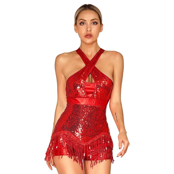 Ocealan Womens Metallic Sequins Modern Contemporary Dance Costume Ballroom Cocktail Dress Fringed Leotard Jumpsuit Red H S