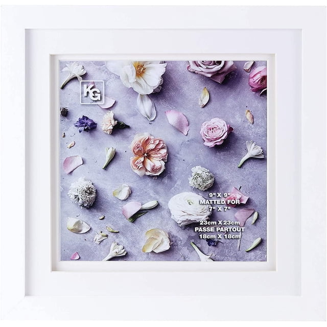 kieragrace KG Morgan Double Mat Frame – 9-Inch by 9-Inch, White, front-facing square frame with a smooth matte white MDF finish and double matted acid-free interior holding a 7-inch by 7-inch photo, featuring a glass cover, hooks, and easel back for wall or tabletop display, measuring 10 by 10 by 1 inch, often used to create a gallery-like display.