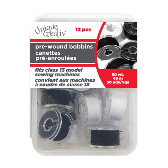 Unique Creativ Pre-Wound Reusable Bobbins Black & White set of 12 plastic bobbins pre-wound with 50 wt. black and white polyester thread, 45 meters (50 yards) each, compatible with Singer Class 15 sewing machines, suitable for sewing, embroidery, and quilting.