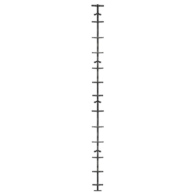 Hawk Traction Climbing Stick, 20' Tree Climbing Ladder Hunting Gear. A 20-foot black alloy steel climbing stick with dual-sided steps for secure climbing and easy entry and exit. Features angled gripping teeth for non-slip performance, ergonomic oval tubing for a firm hand grip, and a non-squeak bolted design for stealth. Coated in a mud paint finish for natural camouflage and equipped with a non-sinking base and top-section ratchet strap for stability. Suitable for hunting and outdoor activities.