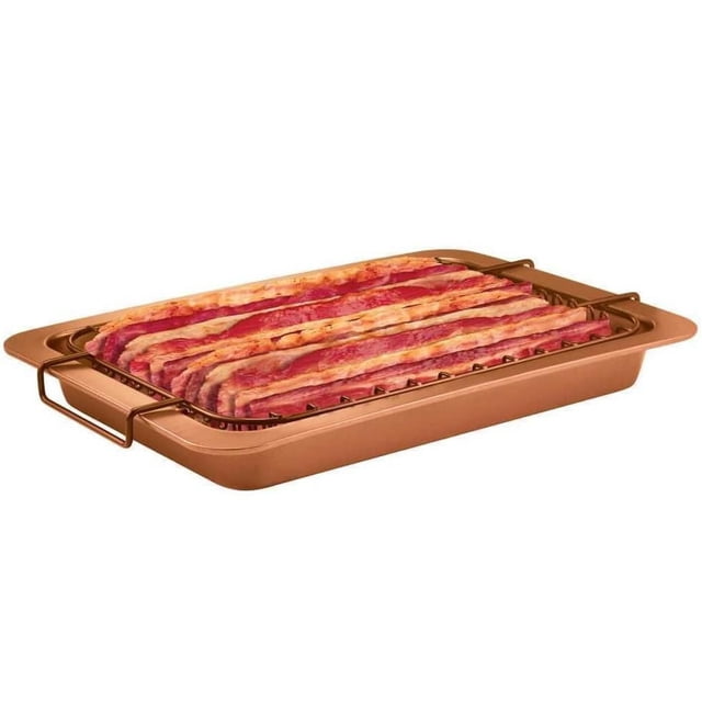 Gotham Steel Bacon Bonanza Oven Healthier Bacon Drip Rack Tray with Pan is a copper-coloured 11.5 by 8-inch rectangular baking pan with a removable rack that holds 12 strips of raw bacon flat and separated, allowing fat to drip below for healthier, crispy bacon and easy dishwasher cleanup.