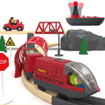 thumbnail image 4 of Motorised Wooden Rail Train, Remote Control Train with Magnetic Connection, Battery Operated Locomotive Trains for Toddlers, Compatible with Thomas, Brio, Chuggington (Red), 4 of 7