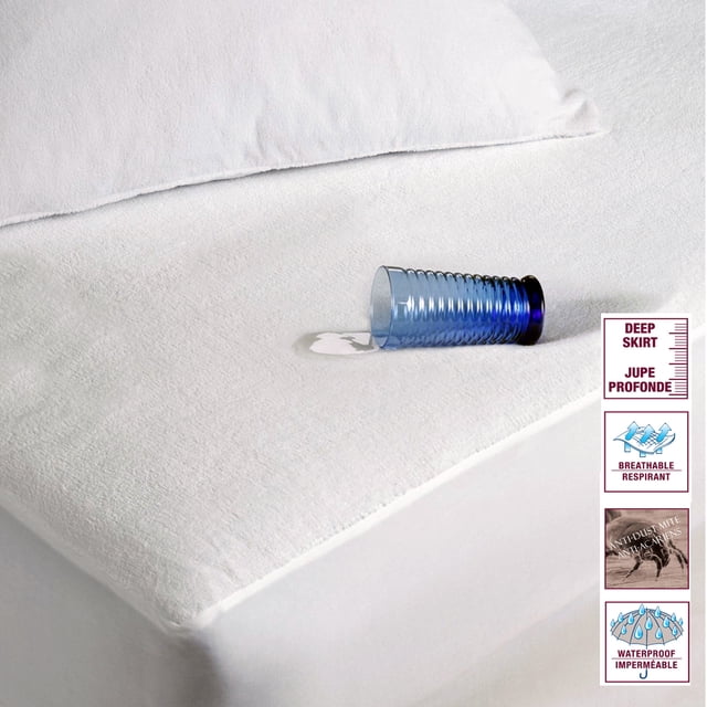 Waterproof Mattress Protector made of terry cotton with fitted elastic sides, shown on a mattress with a spilled blue cup of water demonstrating its waterproof barrier. Ideal for protecting twin/single mattresses up to 12 inches thick from fluids, allergens, and moisture. Features breathable material and easy care machine washability.