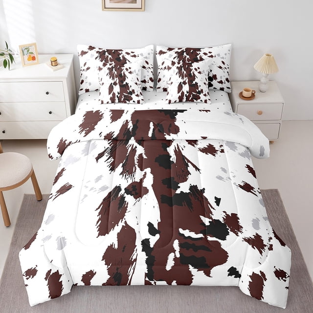 YST 7Pcs Cow Print Comforter Sets King Size For Boys Girls Brown Cowhide Comforter Set Bed In A Bag(1 Comforter, 1 Flat Sheet 1 Fitted Sheet 2 Pillowcases And 2 Throw Pillow Covers)