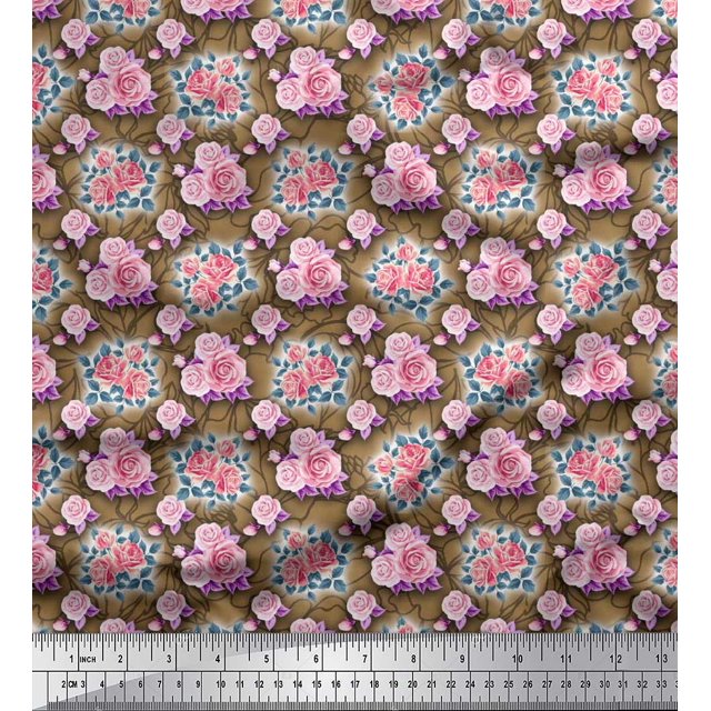 Soimoi Moss Georgette Fabric Leaves & Rose Floral Decor Fabric Printed Yard 42 Inch Wide