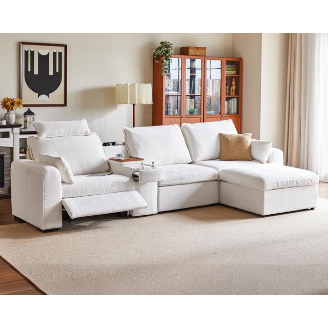 BEDEEP Canapé Inclinable Électrique 139 Pieds' avec Console d'Appui-tête, Canapé Sectionnel en Chenille Moduar Cloud avec Rangement Ottoman Chaise Longue, Canapé Convertible 4 Places pour Salon RV, Blanc