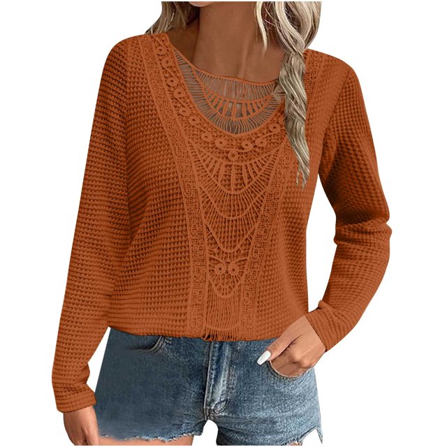 Hauts pour Femmes en Liquidation Tuniques en Tricot pour Femmes Printemps Chandails à Manches Longues Blouse à Col Rond en Dentelle Crochet Tenue Décontractée Mode 2025 T-Shirts pour Femmes Nouveau Orange m