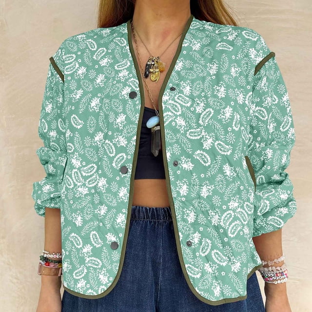 LOVZFMLL Vestes pour Femmes Doudoune Courte Matelassée Vintage à Imprimé Floral, Ouverte à l'Avant, Veste Courte Légère, Manteau