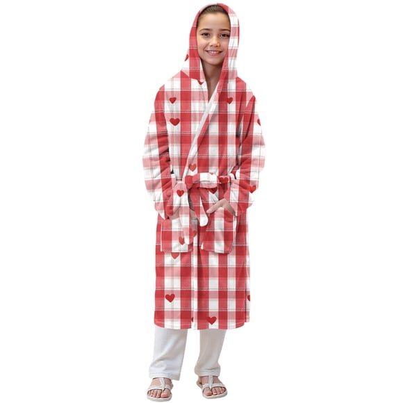 Kids Bathrobe, Childrens Pajamas for Girls, Warm Plush Flannel Sleepwear Robe with Hood, Soft Cozy Housecoat for Home, Holiday, Travel, Daily Lounging