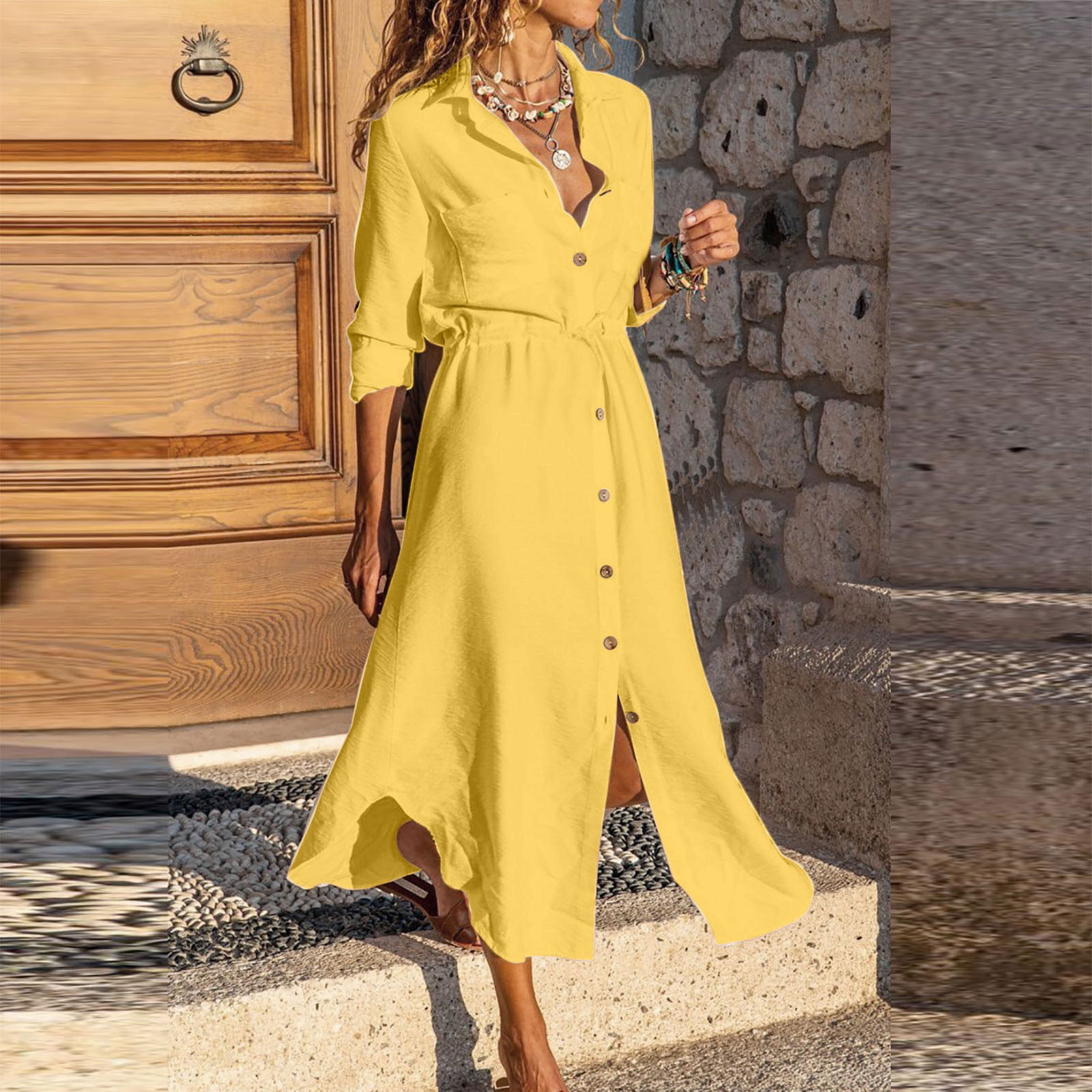 Robes d'Été Grande Taille pour Femmes 2024 Couleur Unie à Simple Boutonnage Col à Revers Robe Chemise à Cordon Robe en Coton et Lin Économisez jusqu'à 65 % de Rabais!