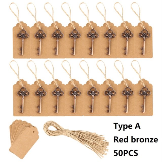 50pcs Key Shape Beer Bottle Opener Vintage Retro Keychain Key Ring Metal Bronze Silver Kitchen Party Bar Tool