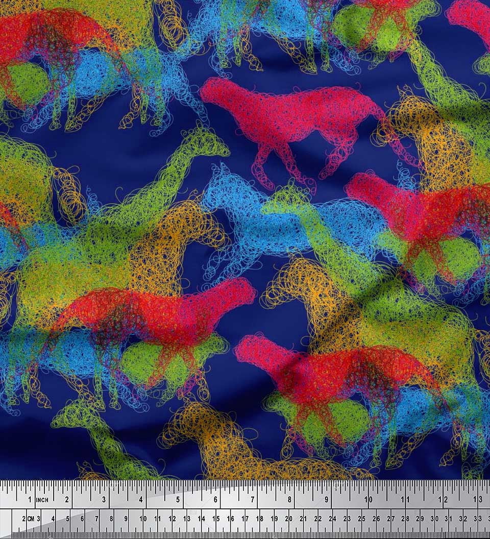 Soimoi Blue Cotton Duck Fabric Giraffe,Leopard & Horse Animal Decor Fabric Printed BTY 56 Inch Wide