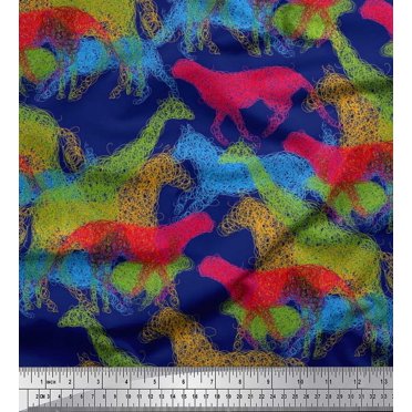 Soimoi Blue Rayon Fabric Giraffe,Leopard & Horse Animal Fabric Prints by Yard 42 Inch Wide