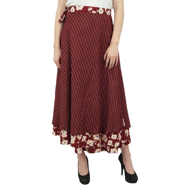 Phagun Jupe Portefeuille Longue Réversible en Coton Bordeaux à Imprimé Floral pour l'Été