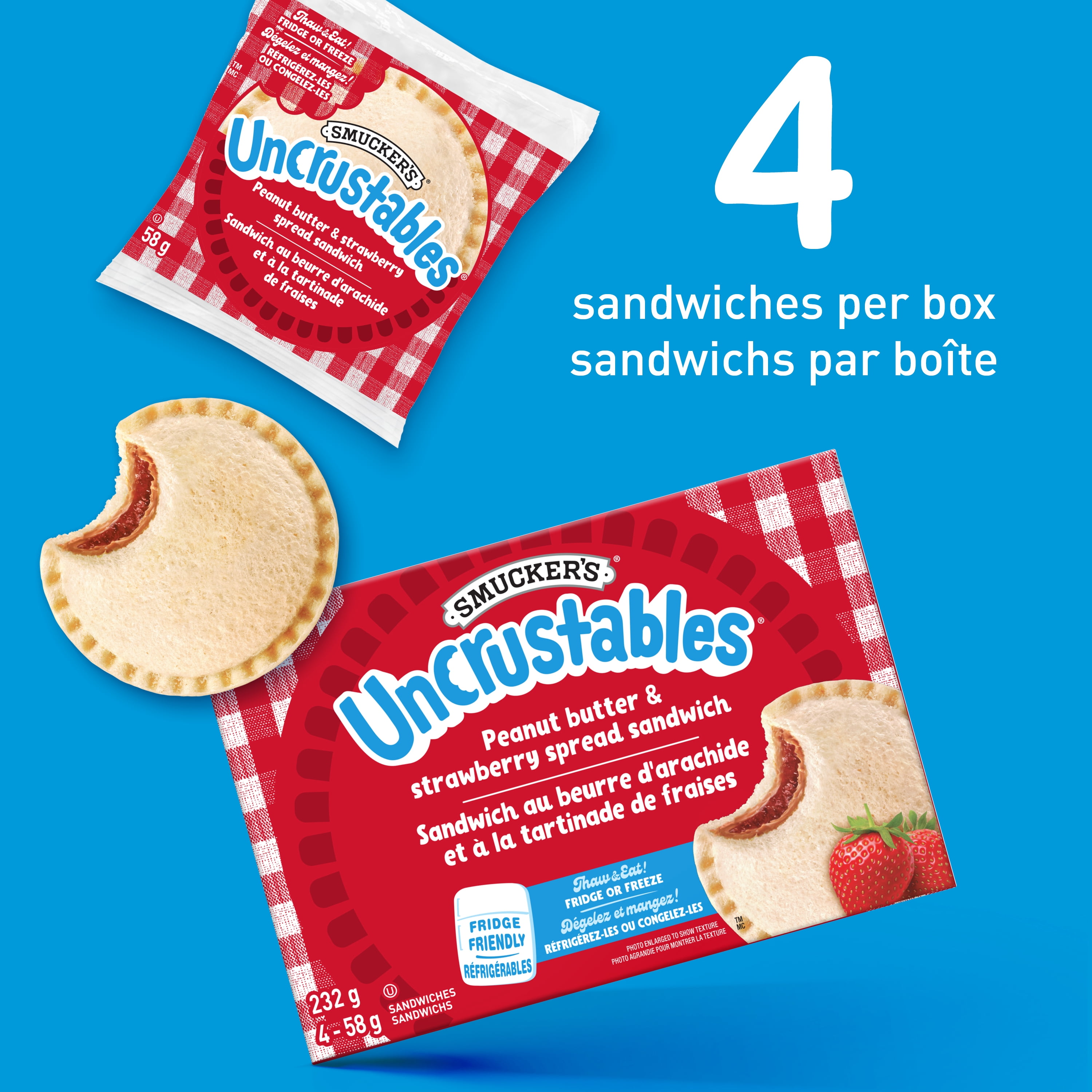 Smucker's Uncrustables Peanut Butter and Strawberry Spread Sandwich, Frozen, 58g, Pack of 4