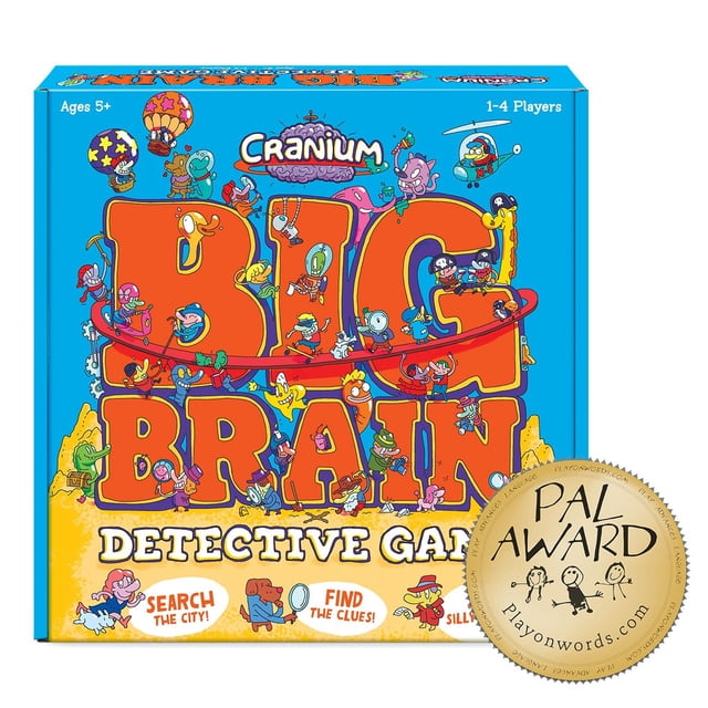 Funko Games Boîte GAME de Détective CRANIUM BIG BRAIN avec de Grandes Lettres orange et Rouges sur un Fond Bleu, Présentant des Personnages de Dessin Animé Colorés, Conçue comme un Plateau GAME Familial Coopératif pour 5 Ans et Plus, 1-4 Joueurs, avec un Sceau de Récompense d'Ami en Bas à Droite.