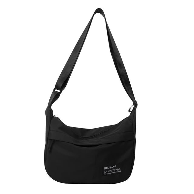 EGNMCR Lightweight Nylon Shoulder Bag in black, featuring a single shoulder underarm design with a large capacity. Made of durable polyester material, it measures 26x8x21cm and includes a wide adjustable strap for comfort. The bag has a sleek, minimalist design with a front zippered pocket and a main compartment for storing essentials like laptops, books, or personal items. Suitable for work, commuting, shopping, fitness, and travel.