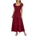 thumbnail image 1 of Penkiiy Robe Maxi d'Été Décontractée pour Femme à Manches Courtes, Col en V, Taille Smockée Élastique, à Volants, Ligne A, avec Poches, P Bordeaux, 1 of 6