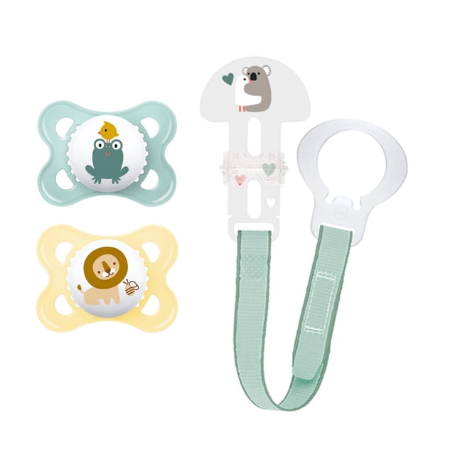 MAM Pacifier and MAM Pacifier Clip Value Pack with two unisex baby pacifiers for 0-6 months featuring a green pacifier with a frog and yellow pacifier with a lion, plus a light green pacifier clip with a koala design and secure plastic sliding lock for easy attachment.