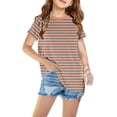 thumbnail image 1 of Penkiiy T-Shirts à Manches Courtes à Blocs de Couleur Rayés pour Filles, Col Rond Décontracté, Été, Mignons, Hauts Tee 4-13 Ans Orange, 1 of 4