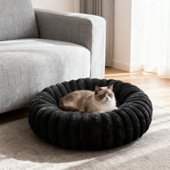 Djiypn Lit pour Chien et Chat d'Intérieur, Lit Apaisant Confortable 16 Pouces pour Chiot et Chaton, Lit Rond Lavable Antidérapant pour Petits et Moyens Chiens et Chats (Noir)