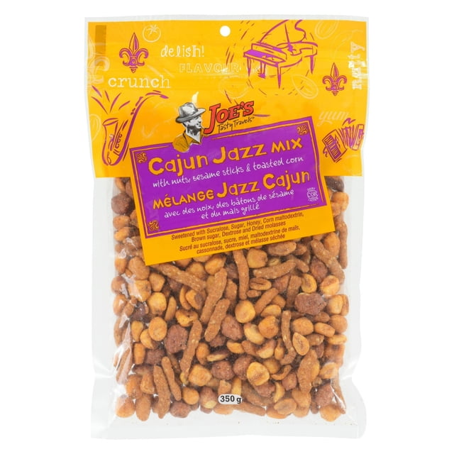 Cajun Jazz Mix by Joe's Tasty Travels, a 350g party mix with a crunchy blend of nuts, sesame sticks, and toasted corn coated in spicy Cajun seasoning, packaged in a clear bag with an orange and purple label, ideal for snacking or game-day occasions.