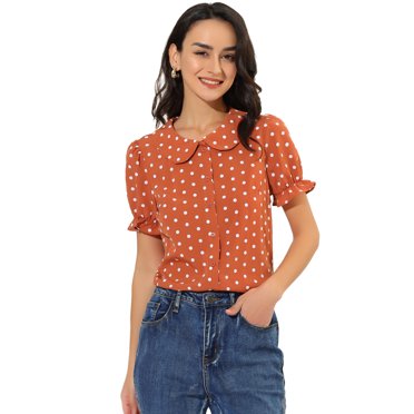 INSPIRE CHIC Chemise à Pois pour Femme Manches Courtes Bouffantes Vintage Boutonnée Col Peter Pan Blouse Hauts TG Orange Rouge